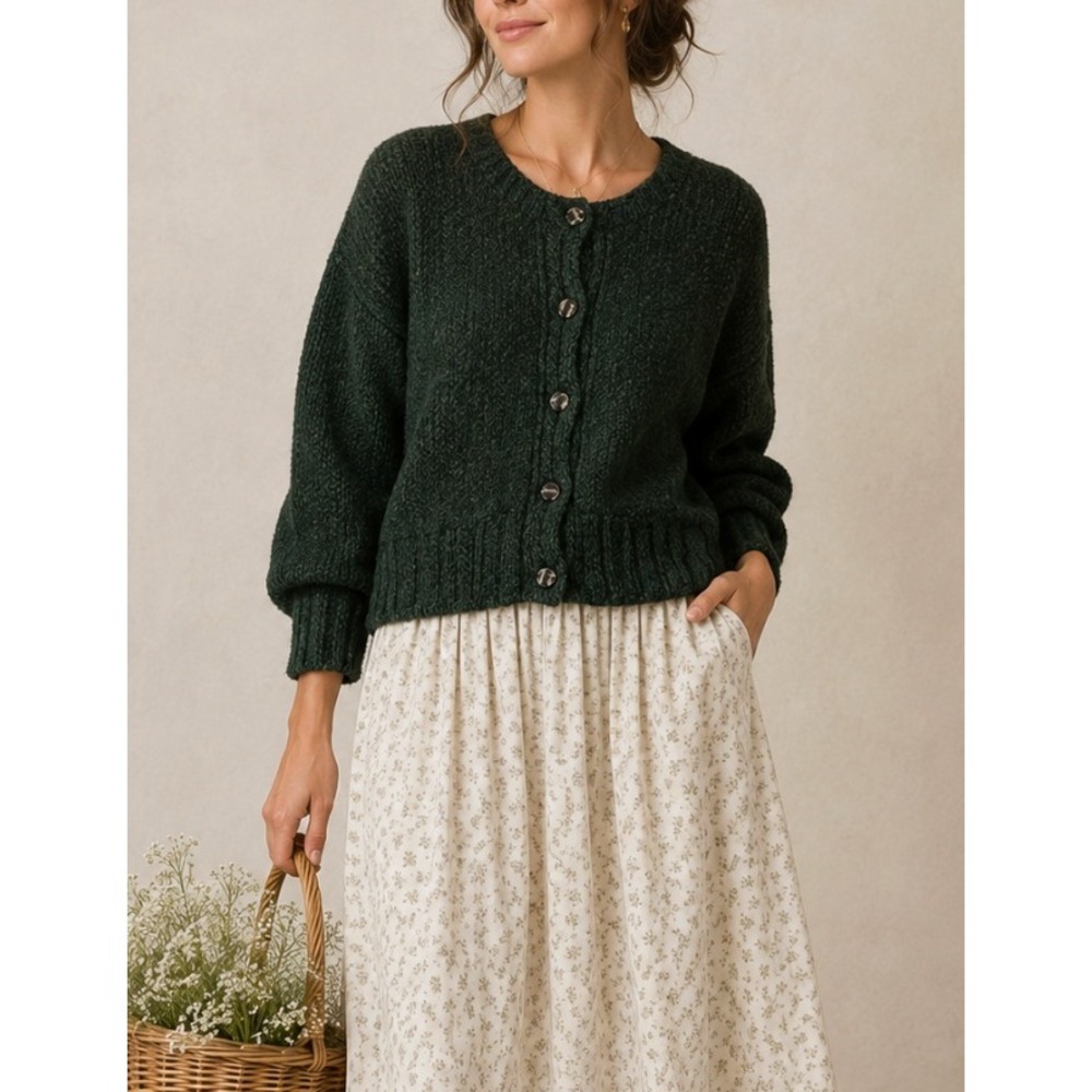 Carraig Donn Womens Forest Green Pure New Wool Aran Cardigan Vtg Ireland Cottage